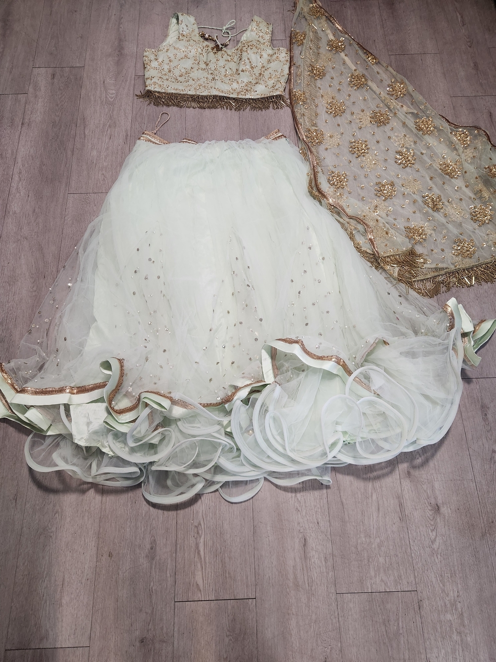 Mint Green Gold Sequin Lehenga Choli Set 3 Pc Indian Wedding Guest Dress